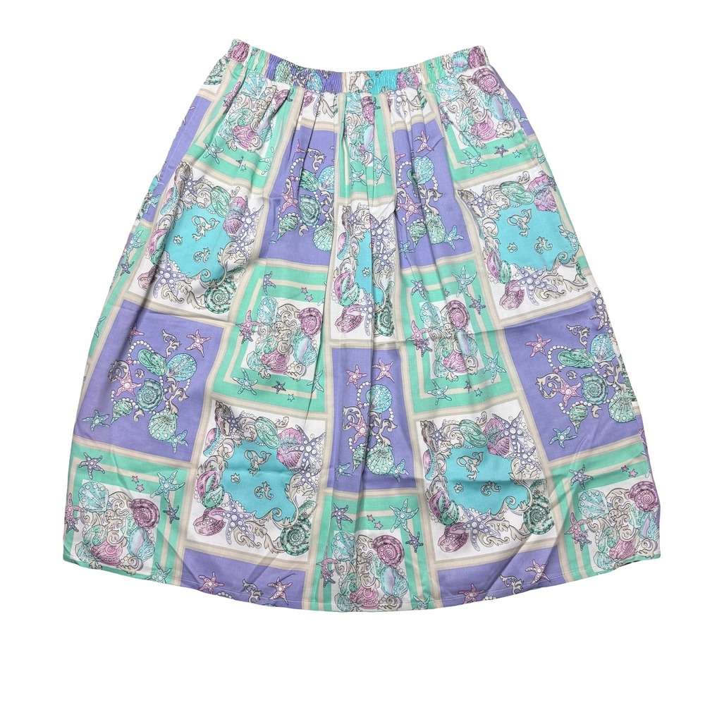 Vintage 90s Koret Pastel Seashell Starfish Scarf Print Midi Skirt XL Made in USA